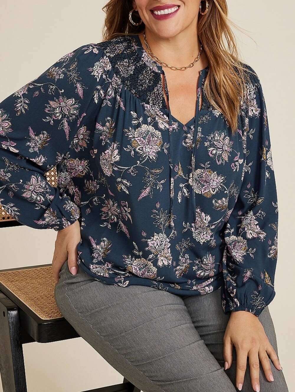 Maurices Peasant Floral Smocked Tie-Neck Blouse